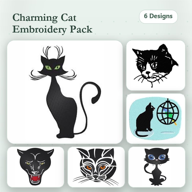 Charming Cat Embroidery Designs Bundle – Elegant Black Cat, Whimsical Cat with Green Eyes, & More (6 Designs)
