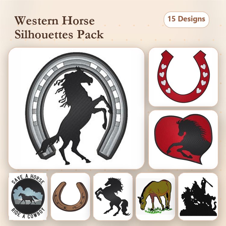 Western Horse Silhouettes Embroidery Designs Bundle – Prancing Horse, Horseshoe with Hearts, Horse & Rider & More (15 Designs)
