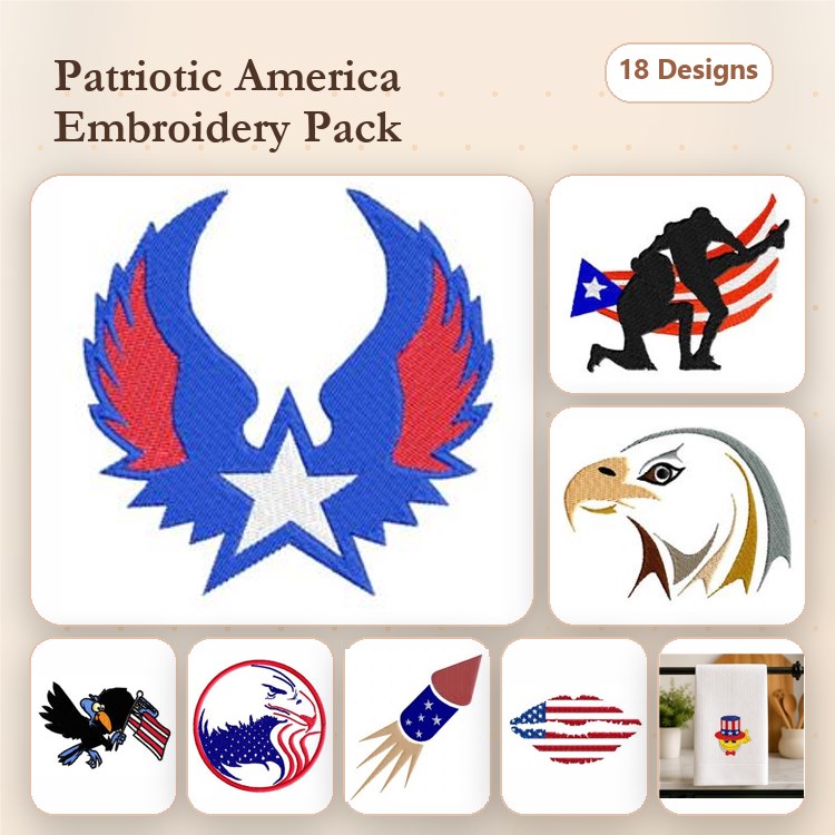Patriotic America Embroidery Designs Bundle – Eagle with Flag, Patriotic Star, Firework Rocket & More (18 Designs)