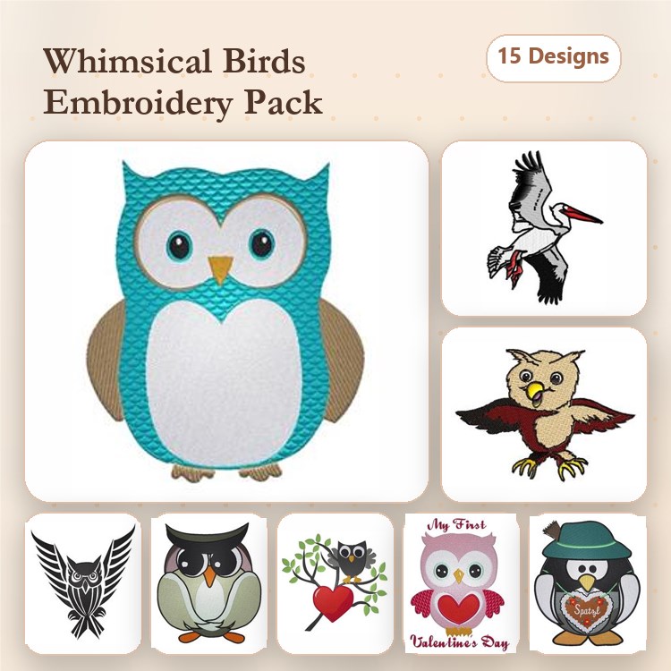 Whimsical Birds Embroidery Bundle – Owl, Stork, Wise Owl & More (15 Designs)