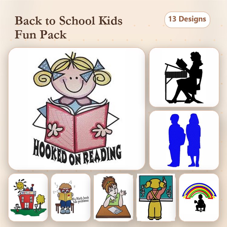Back to School Embroidery Designs Bundle – Girl Reading Book, Teacher at Desk, School House & More (13 Designs)