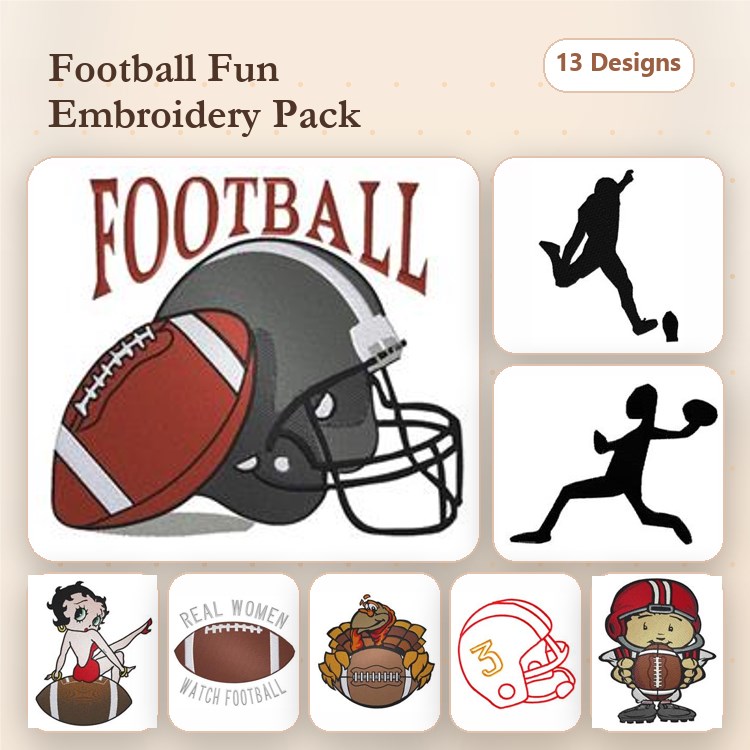 Football Themed Embroidery Designs Bundle – Football Helmet, Player Silhouette, Cheerleader & More (13 Designs)
