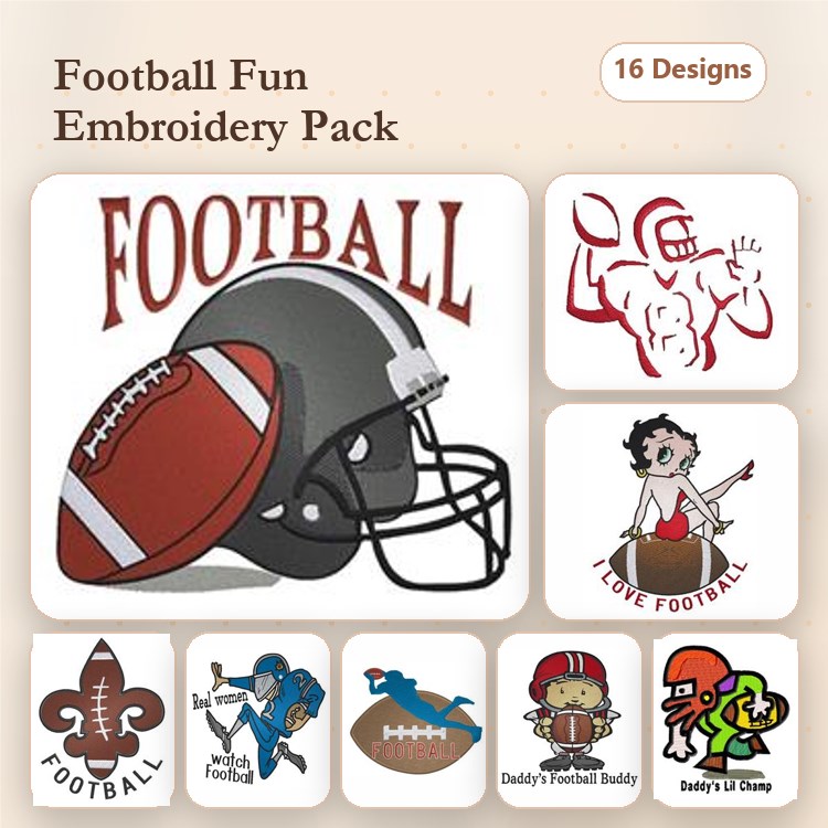Football Themed Embroidery Bundle – Football, Helmet, Player & More (16 Designs)
