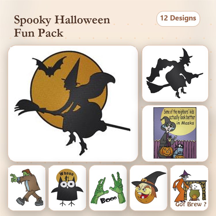 Halloween-Themed Embroidery Designs Bundle – Witch on Broomstick, Pumpkin Face, Halloween Owl & More (12 Designs)