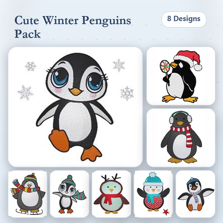 Cute Winter Penguins Embroidery Bundle – Penguin with Snowflakes, Penguin in Scarf, & More (8 Designs)
