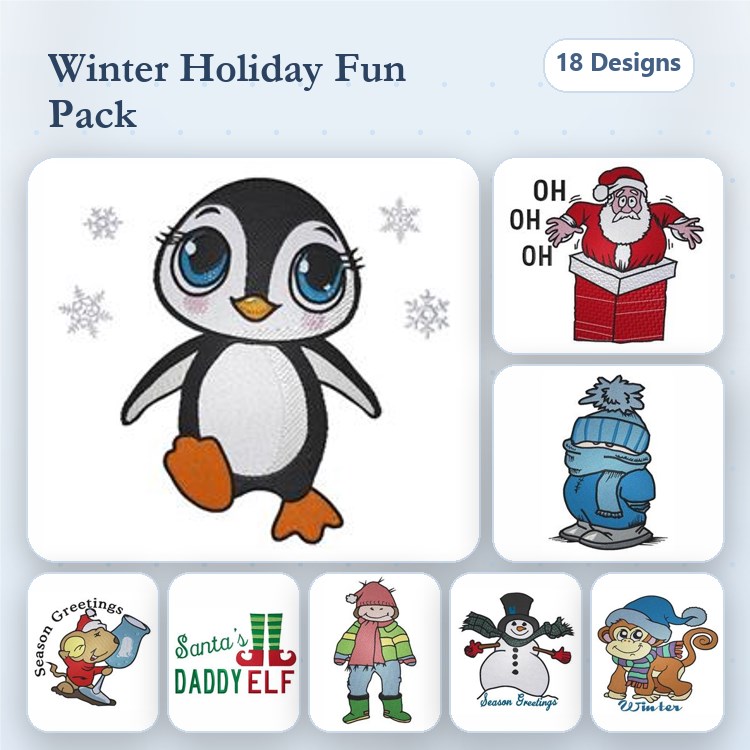 Winter Holiday Characters Embroidery Designs Bundle – Penguin, Santa Claus, Snowman & More (18 Designs)