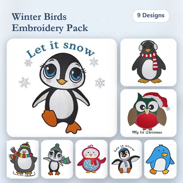 Winter Birds Embroidery Designs Bundle – Penguin with Scarf, Owl with Christmas Hat, Snowman Penguin & More (9 Designs)