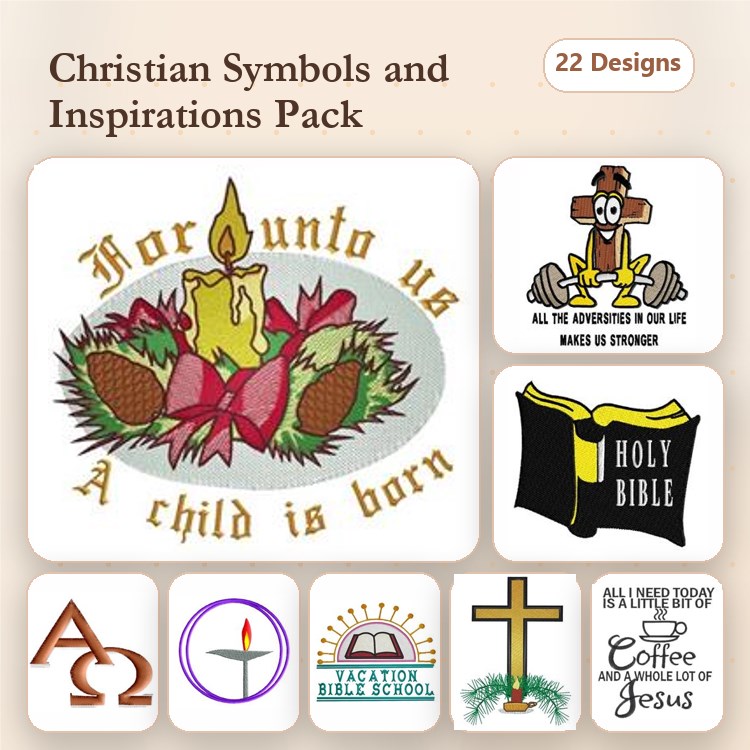 Christian Symbols Embroidery Designs Bundle – Candle with Pine, Cross with Circle, Holy Bible & More (22 Designs)