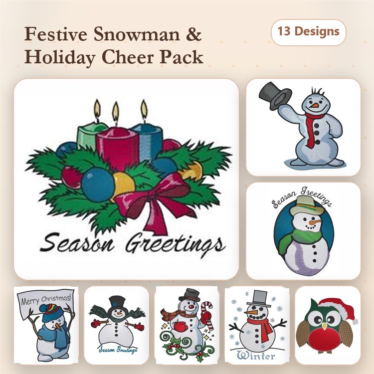 Winter Holiday Embroidery Designs Bundle – Snowman Family, Festive Wreath with Candles, Holiday Cheer & More (13 Designs)