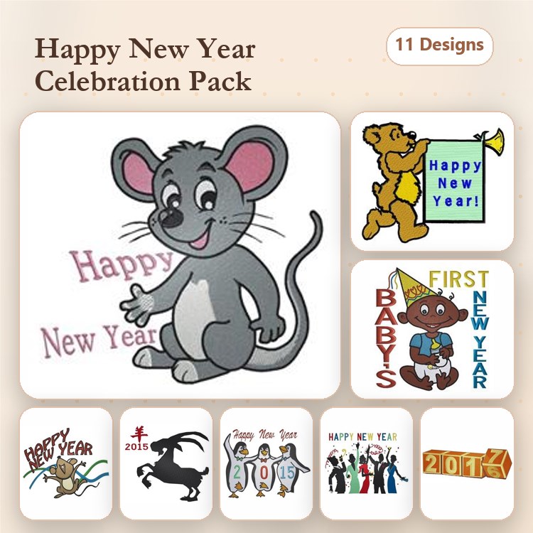 New Year Celebrations Embroidery Designs Bundle – Mouse, Bear, Fireworks & More (11 Designs)