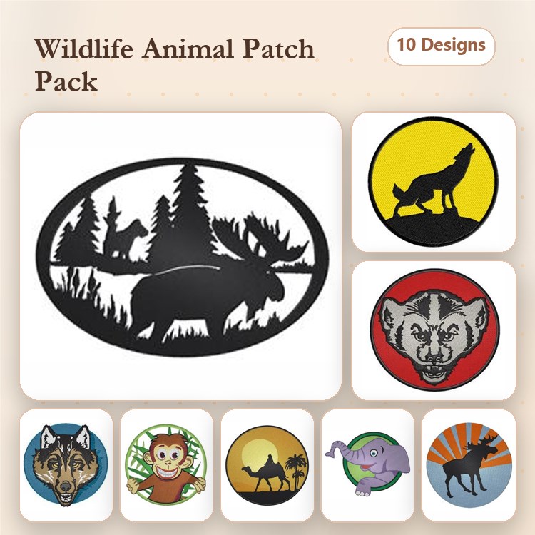 Wildlife Animal Embroidery Designs Bundle – Moose Silhouette, Wolf in Circle, Monkey Face & More (10 Designs)
