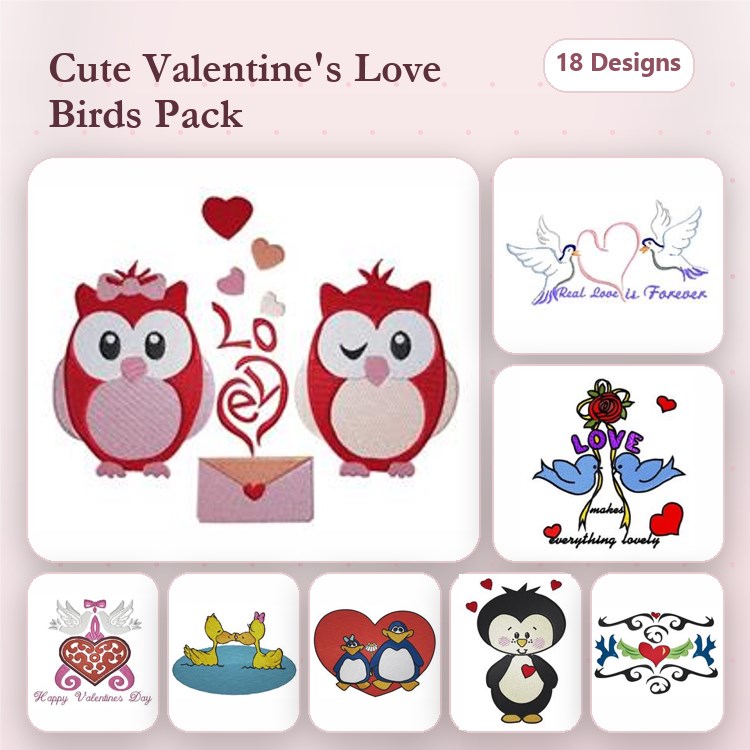 Valentine's Day Love Birds Embroidery Designs Bundle – Love Birds, Love Owls, Penguin with Heart & More (18 Designs)