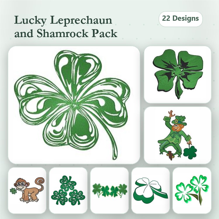 Leprechaun & Shamrock Embroidery Bundle – Lucky Leprechaun, Four Leaf Shamrock, Shamrock with Swirls & More (22 Designs)