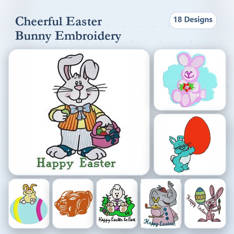 Easter Bunny Embroidery Bundle – Happy Easter Bunny, Bunny with Basket, Bunny with Flower & More (18 Designs)