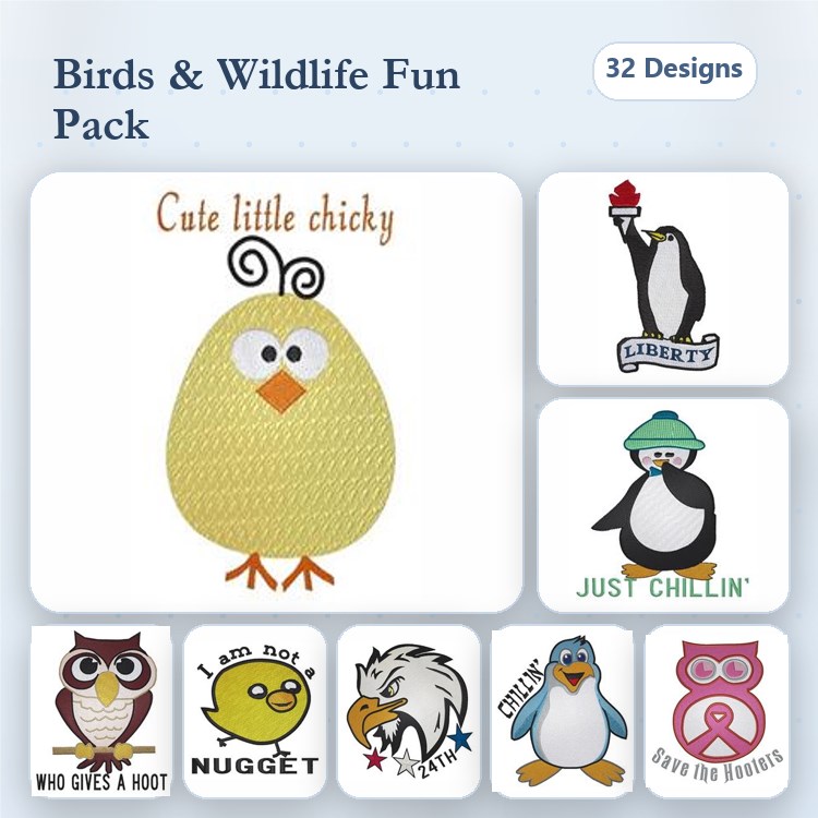 Birds and Wildlife Embroidery Designs Bundle – Cute Little Chicky, Liberty Penguin, Who Gives a Hoot Owl & More (33 Designs)