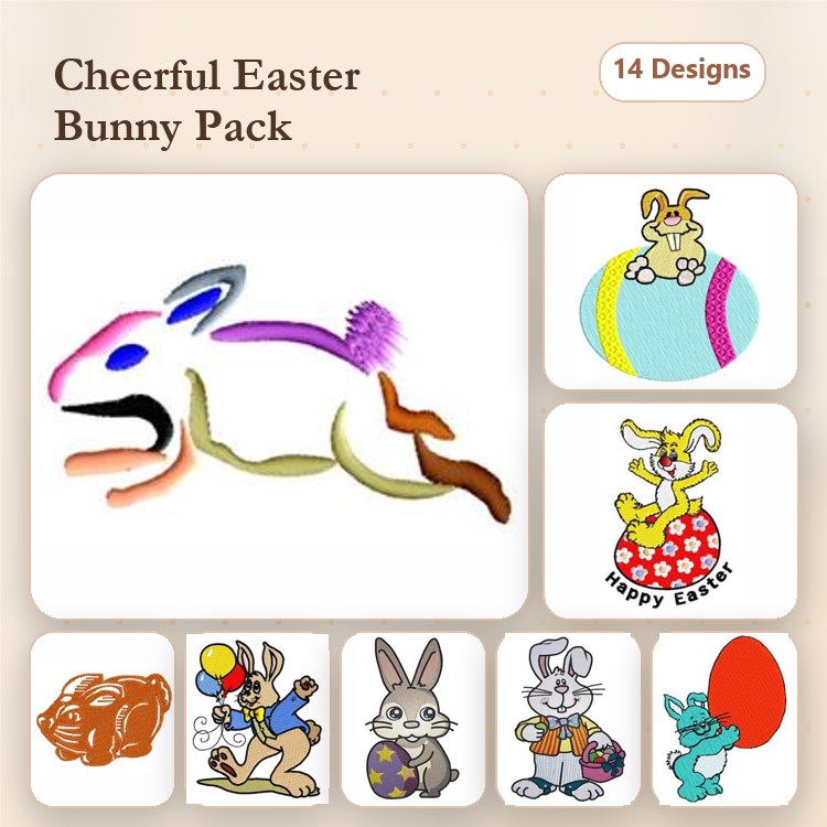 Easter Bunny Embroidery Designs Bundle – Bunny Running, Colorful Easter Egg, Bunny with Balloon & More (14 Designs)