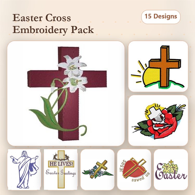 Easter Cross Embroidery Designs Bundle – Easter Cross with Lilies, He Lives, Cross with Rays & More (15 Designs)