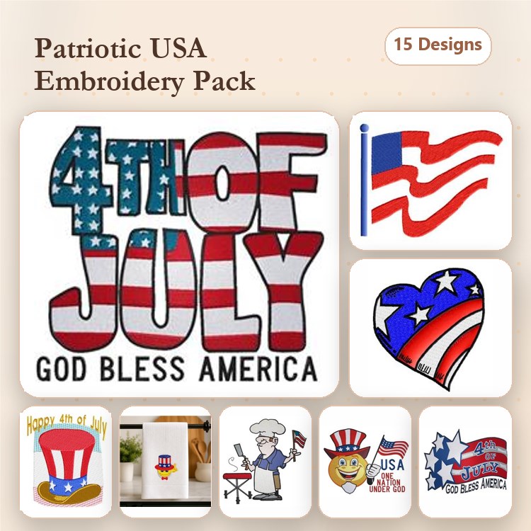 Patriotic Fourth of July Embroidery Designs Bundle – American Flag, Patriotic Heart, Uncle Sam Hat & More (15 Designs)