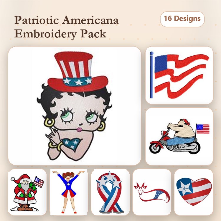 Patriotic Americana Embroidery Designs Bundle – Betty Boop, American Flag, Biker & More (16 Designs)