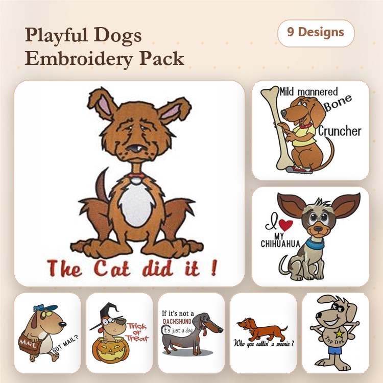 Dachshund & Pug Dog Embroidery Bundle – Funny Canine Designs (9 Designs)
