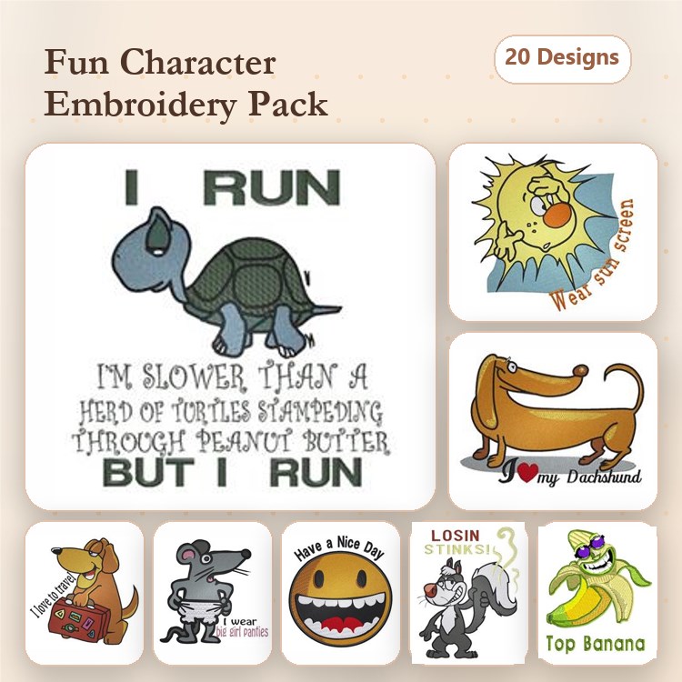 Funny Cartoon Embroidery Bundle – Whimsical Characters (24 Designs)