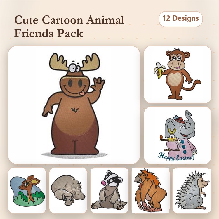 Cute Cartoon Animals Embroidery Designs Bundle – Moose, Monkey with Banana, Elephant & More (12 Designs)