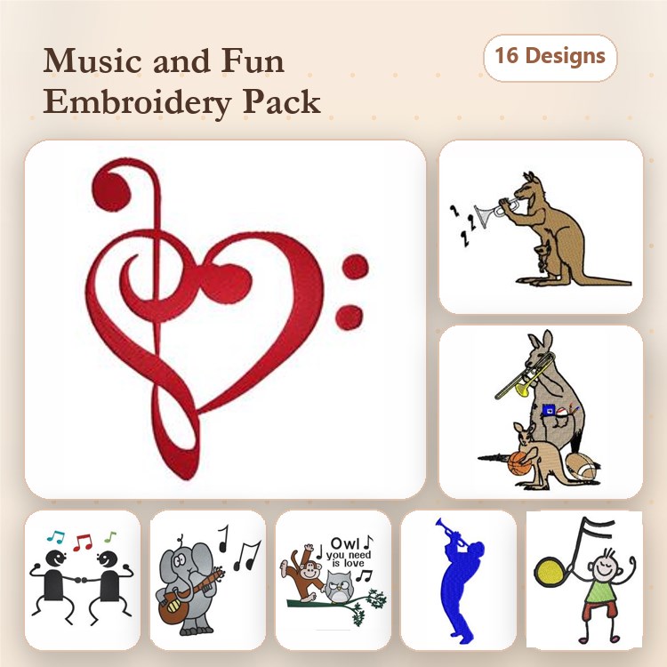Music and Fun Embroidery Designs Bundle – Treble Clef Heart, Kangaroo Playing Music, Elephant with Guitar & More (16 Designs)