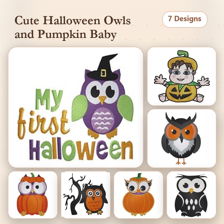 Halloween Owls & Pumpkins Embroidery Designs Bundle – My First Halloween Owl, Cute Pumpkin, Surprised Pumpkin & More (7 Designs)