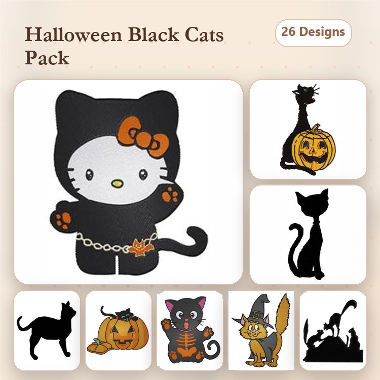 Halloween Black Cats Embroidery Designs Bundle – Hello Kitty Black Cat, Cat with Pumpkin, Black Cat Silhouette & More (26 Designs)