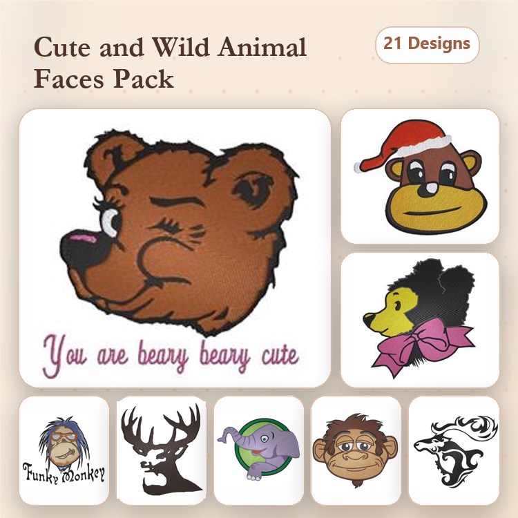 Wolf, Bear, Pig & Horse Embroidery Bundle – Animal Designs (21 Designs)