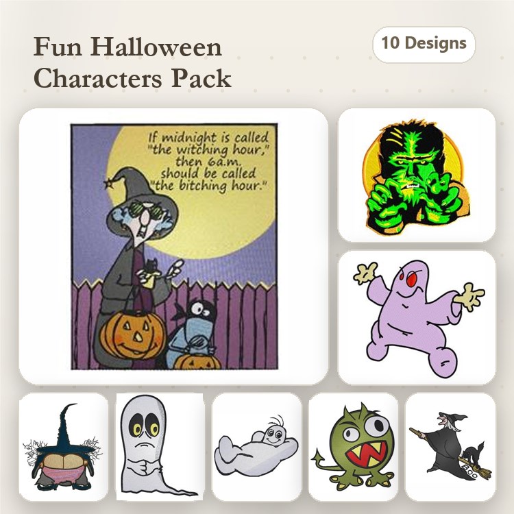 Halloween Characters Embroidery Designs Bundle – Witch with Pumpkin, Green Monster, Cute Ghost & More (10 Designs)