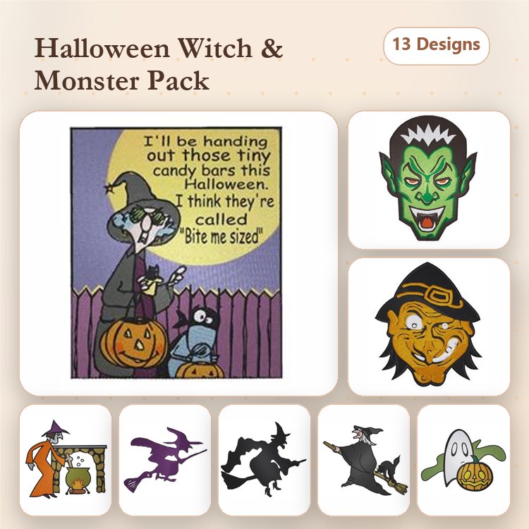 Halloween Characters Embroidery Designs Bundle – Witch with Cauldron, Green Monster Face, Pirate with Hat & More (13 Designs)