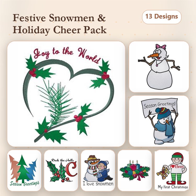Snowman & Christmas Tree Embroidery Designs Bundle – Joy to the World Heart, I Love Snowmen, & More (13 Designs)
