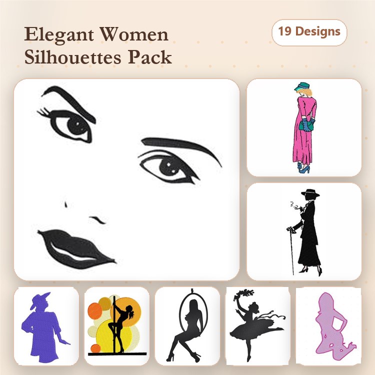 Elegant Women Silhouettes Embroidery Designs Bundle – Face Silhouette, Woman in Pink Dress, Dancing Woman Silhouette & More (19 Designs)