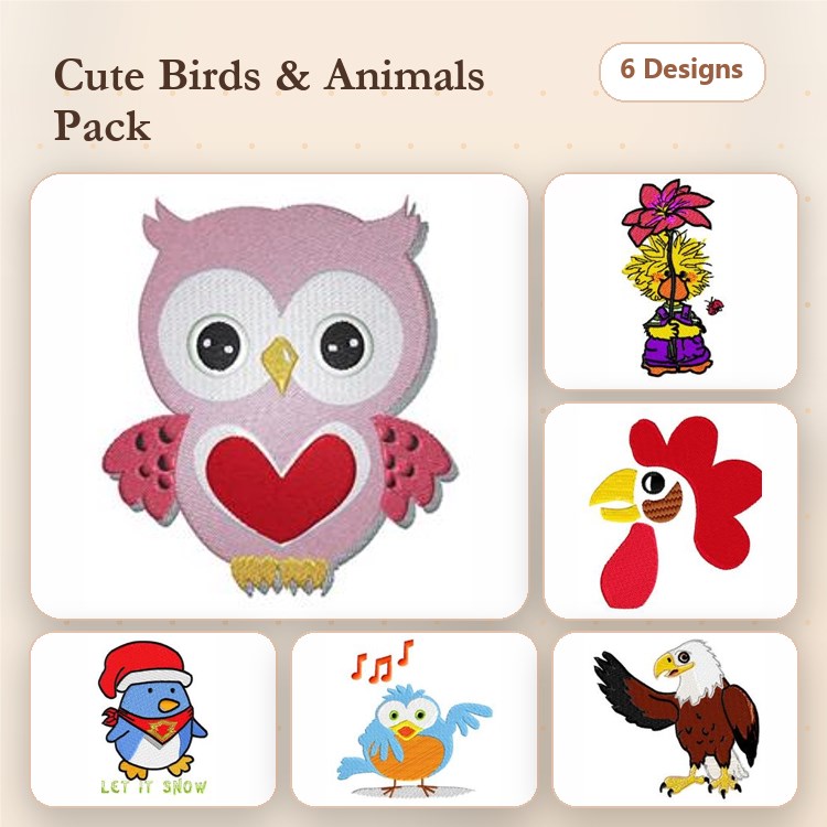 Applique Cute Birds and Animals Embroidery Bundle – Owl with Heart, Rooster, Penguin & More (6 Designs)