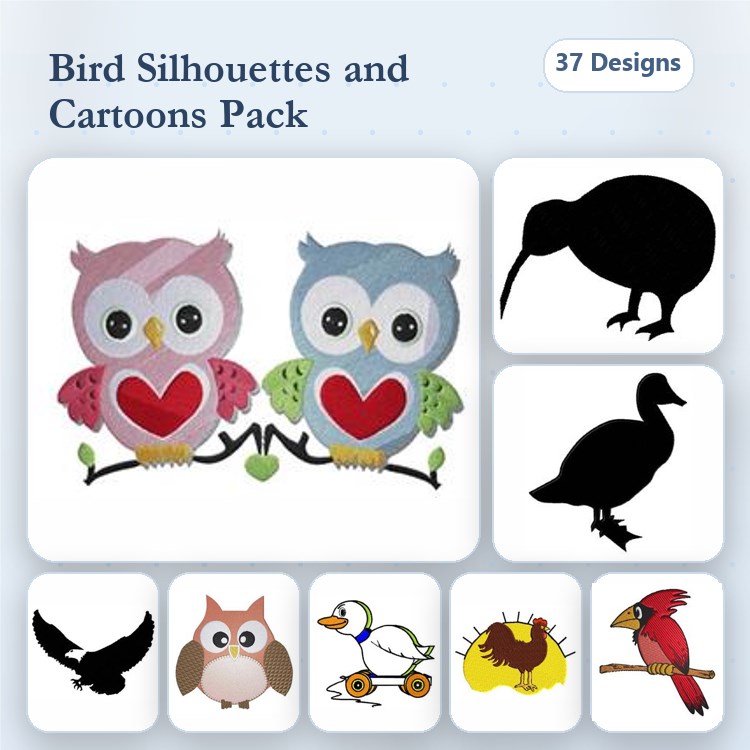 Bird Silhouettes Embroidery Bundle – Owl with Heart, Blue Owl, Pink Owl & More (37 Designs)