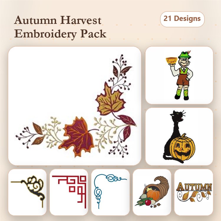 Autumn Harvest Embroidery Designs Bundle – Autumn Leaves, Leprechaun with Mug, Black Cat with Pumpkin & More (21 Designs)