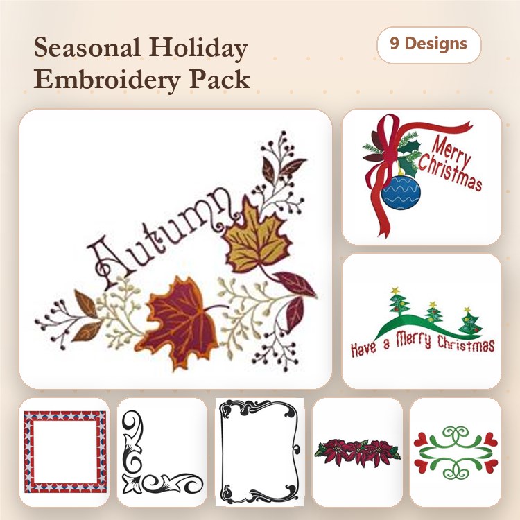 Seasonal Holiday Embroidery Designs Bundle – Autumn Leaves, Merry Christmas Ornament, Christmas Tree & More (9 Designs)