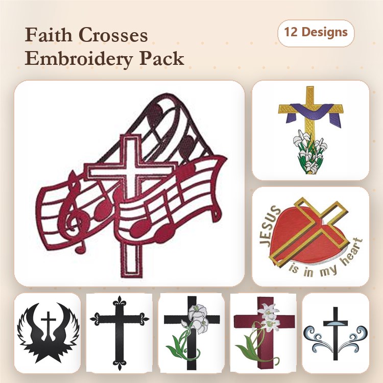 Faith-themed Crosses Embroidery Designs Bundle – Cross with Music Notes, Heart with Jesus, Floral Cross & More (12 Designs)