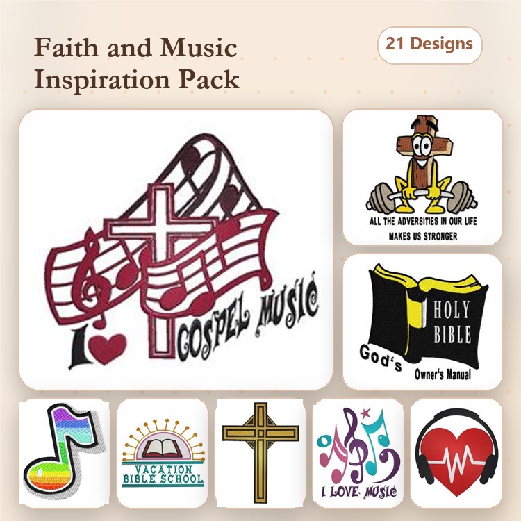 Faith and Music Embroidery Designs Bundle – Cross with Ribbon, Musical Note, Holy Bible & More (21 Designs)