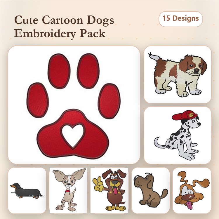Dog Breeds Embroidery Bundle – Saint Bernard, Dalmatian & More (15 Designs)