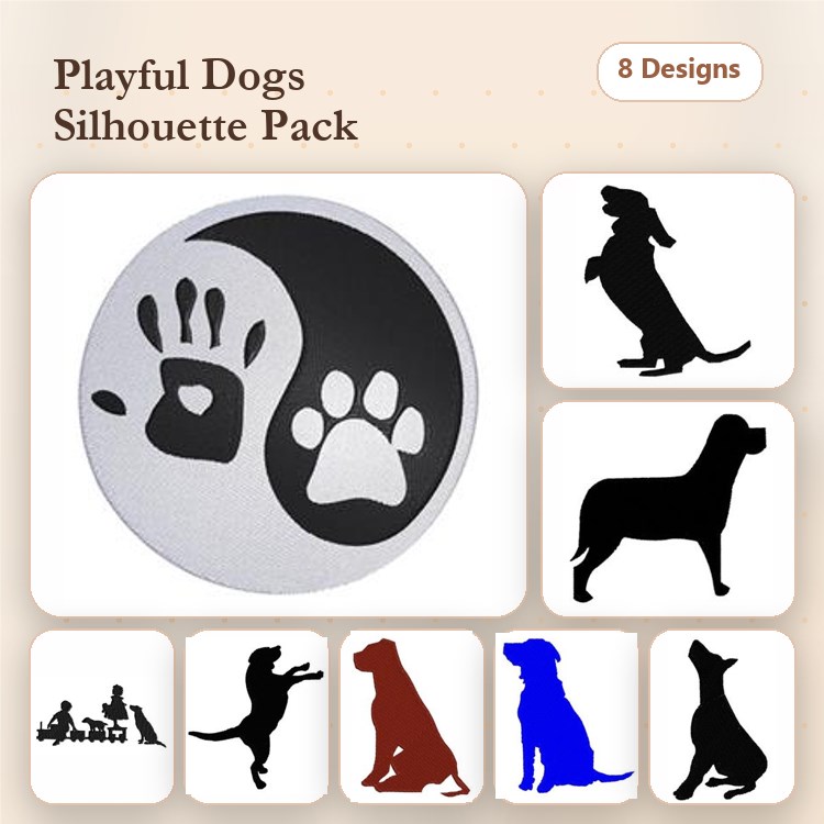 Dog Silhouette Embroidery Bundle – Various Dog Poses (8 Designs)