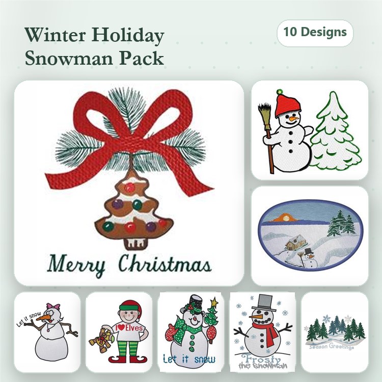 Snowman Embroidery Designs Bundle – Snowman with Christmas Tree, Snowman Family, Let It Snow & More (10 Designs)