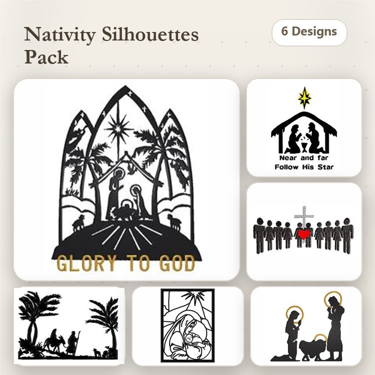 Nativity Silhouettes Embroidery Bundle – Nativity Scene, Follow His Star, Shepherds with Sheep & More (6 Designs)