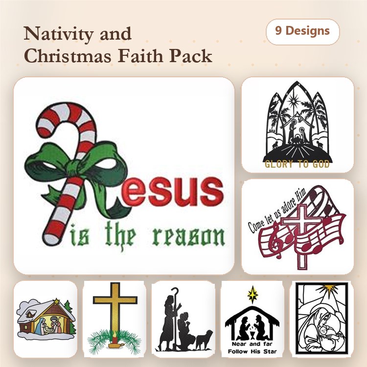 Nativity & Christmas Faith Embroidery Designs Bundle – Jesus is the Reason, Nativity Scene, Candy Cane & More (9 Designs)