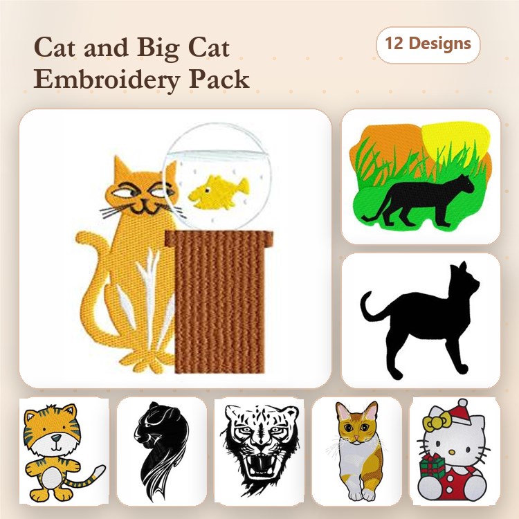 Cats & Big Cats Embroidery Bundle – Sitting Cat with Fish Bowl, Tiger Portrait, Black Cat Silhouette & More (12 Designs)