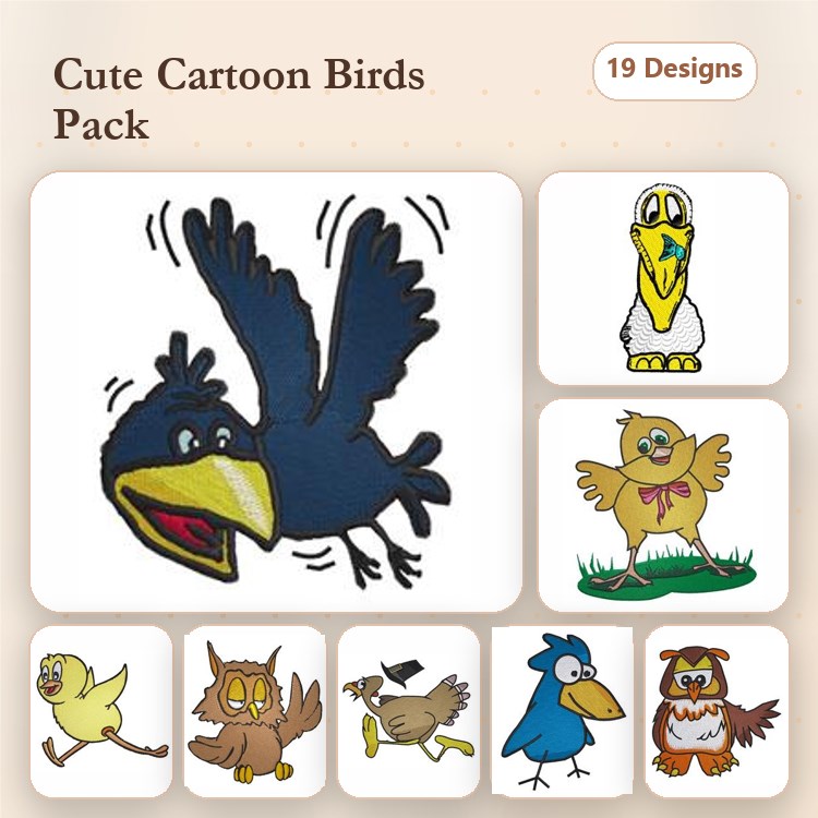 Cartoon Birds Embroidery Designs Bundle – Flying Black Bird, Singing Yellow Bird, Brown Owl & More (19 Designs)