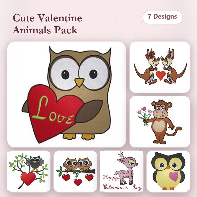 Valentine's Day Animals Embroidery Bundle – Owl with Love Heart, Reindeer with Heart, Monkey with Flowers & More (7 Designs)