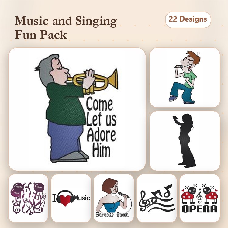 Music and Singing Embroidery Designs Bundle – Trumpet Player, Singing Boy, Opera Silhouette & More (22 Designs)