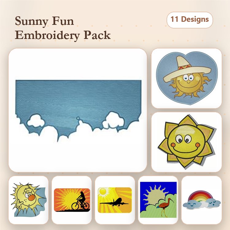 Sunshine Themed Embroidery Bundle – Smiling Sun, Bicyclist Silhouette, Sunrise Scene & More (11 Designs)